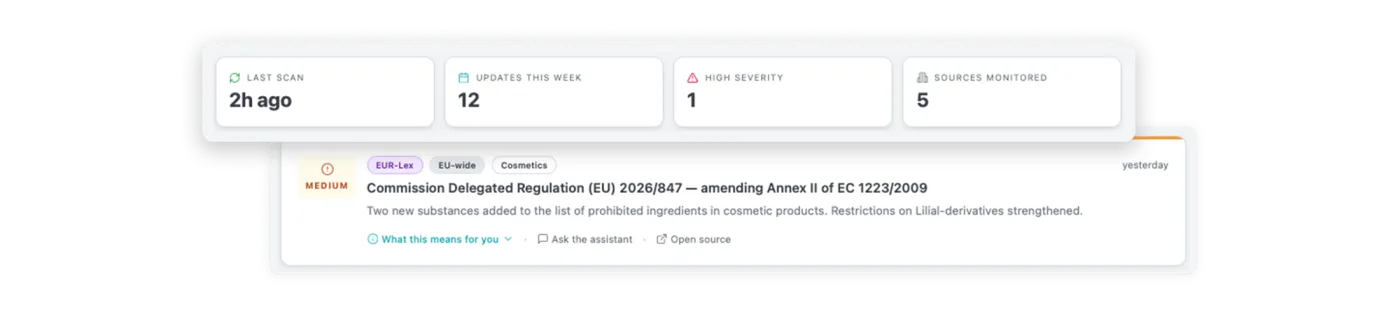 MAVRYX horizon scanning dashboard with a live EU regulatory alert