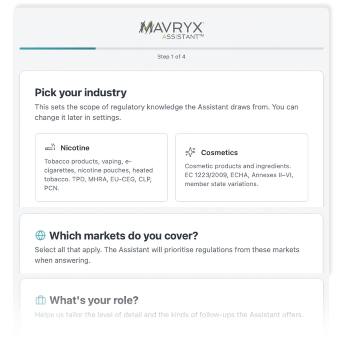 MAVRYX onboarding: pick your industry and markets